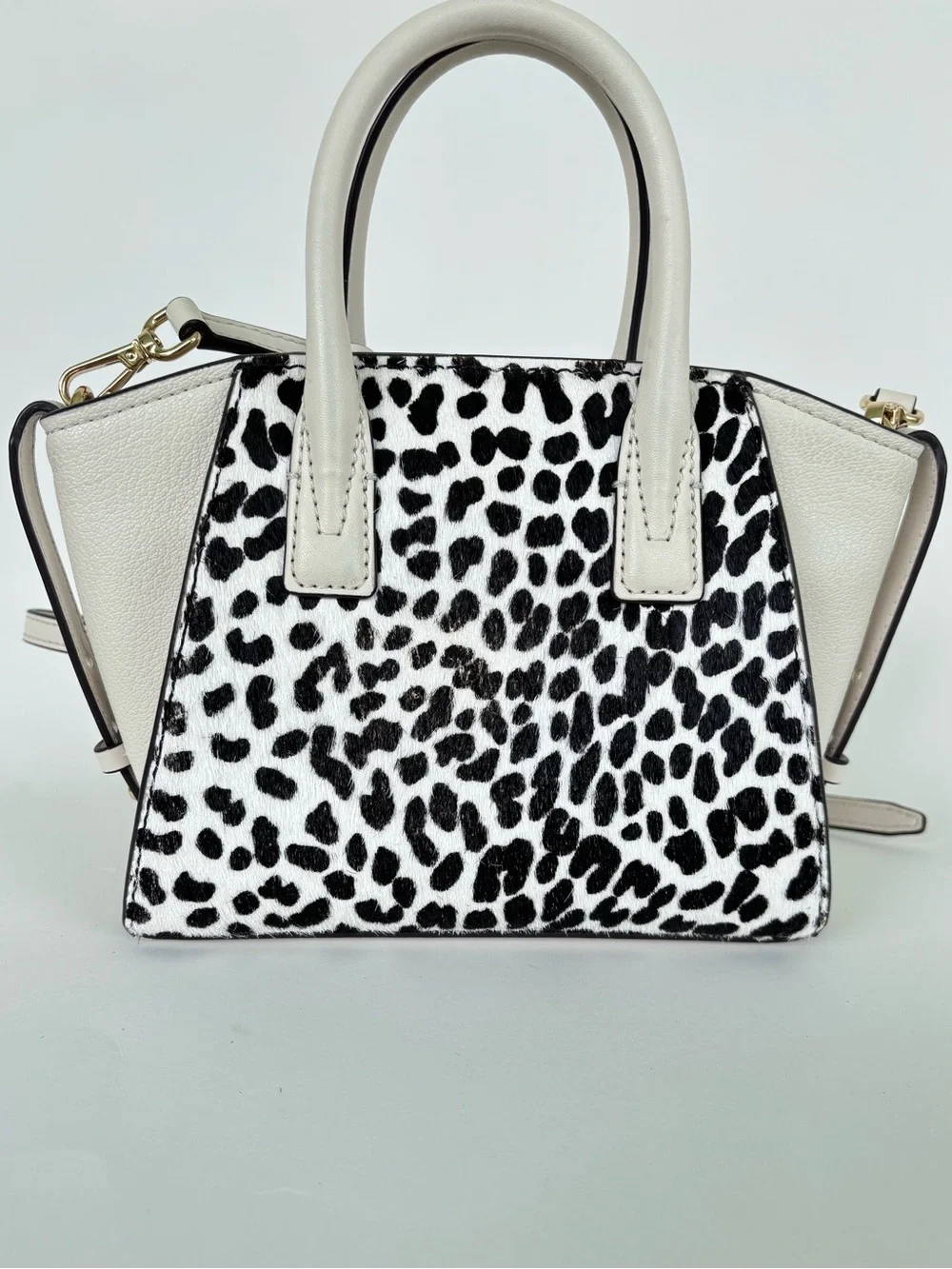 Michael Kors Marilyn Small Satchel Crossbody Leopard Calf Hair Vanilla Leather